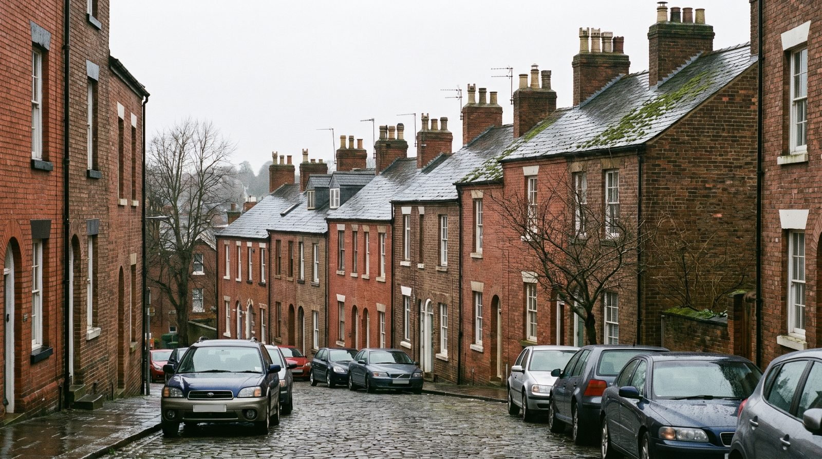 Brick rowhouses on a steep Pittsburgh street with party-wall chimneys above the rooflines