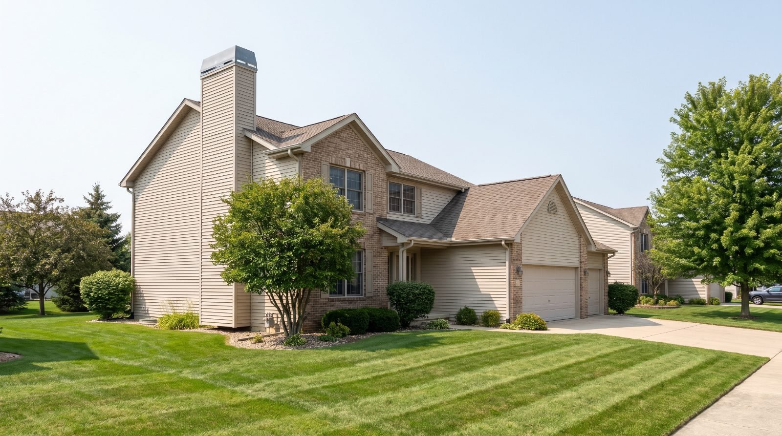 Newer suburban home with a sided chimney chase and metal chase cover