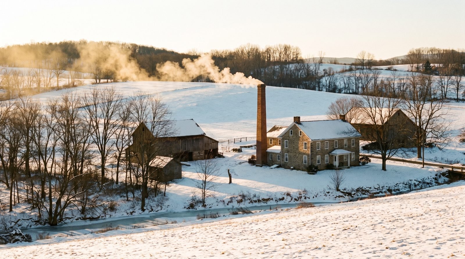 Rural Pennsylvania farmhouse with a tall brick chimney and woodsmoke on a winter morning