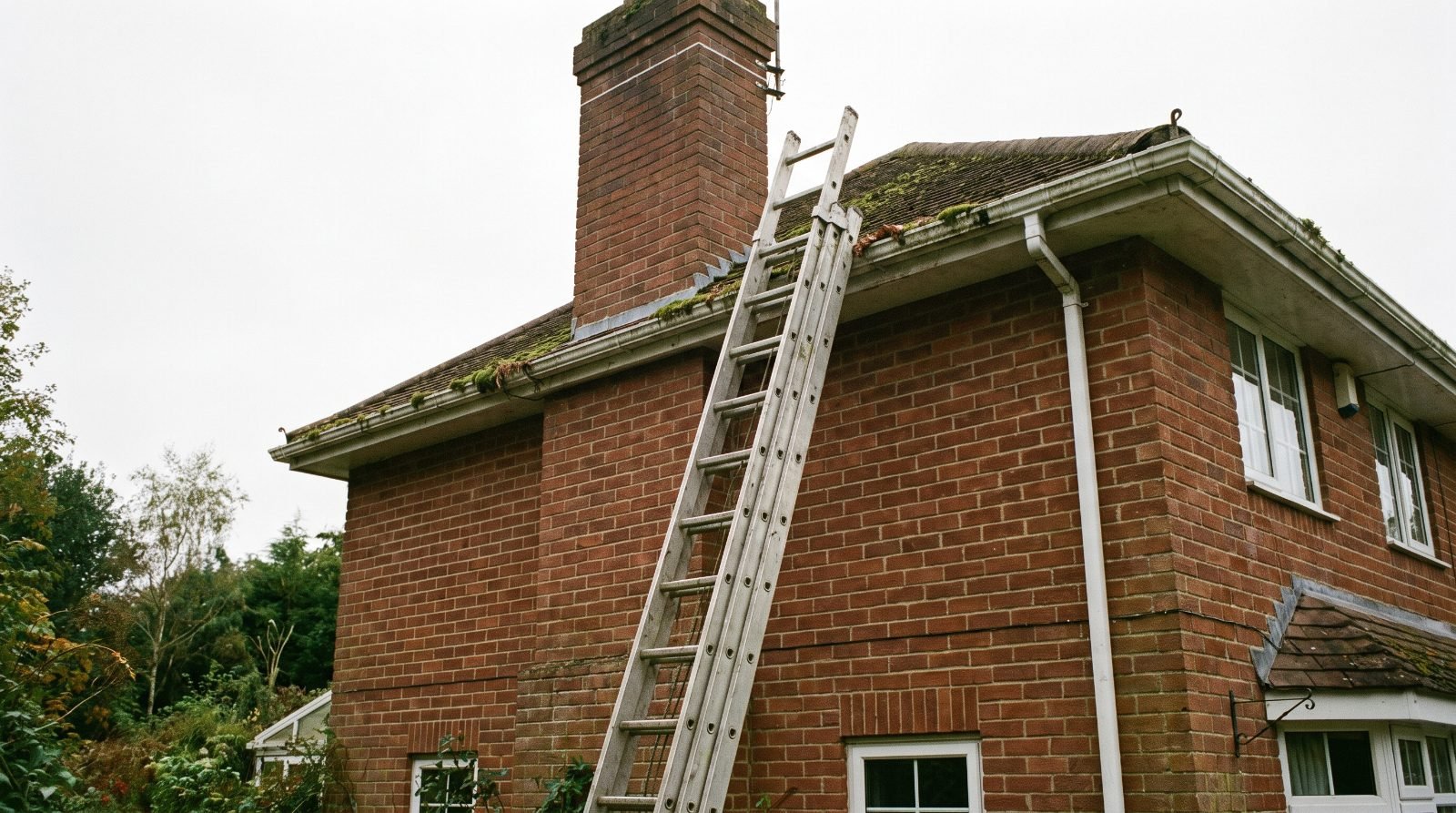 Ladder set against the eaves of a brick house with the chimney above