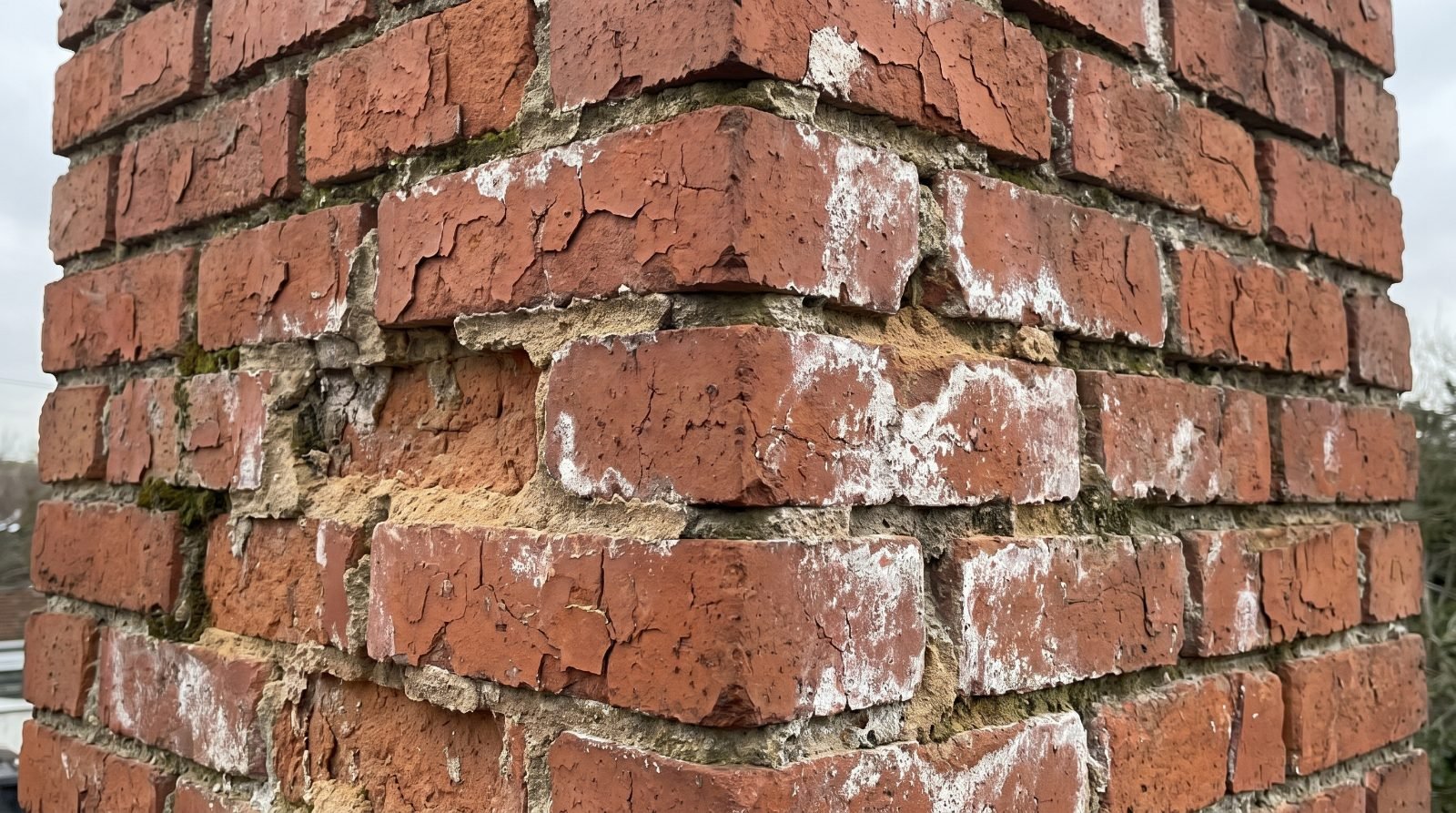 Close view of spalled brick and eroded mortar joints on an old chimney stack