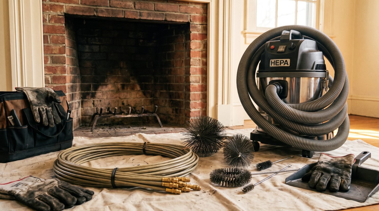 Chimney sweep tools, rods and brushes laid out beside a fireplace with a drop cloth